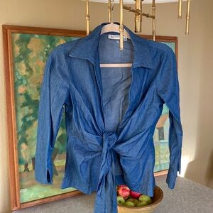 Neiman Marcus, small premium denim Light Blue Open Front Tie Waist Wrap Blouse